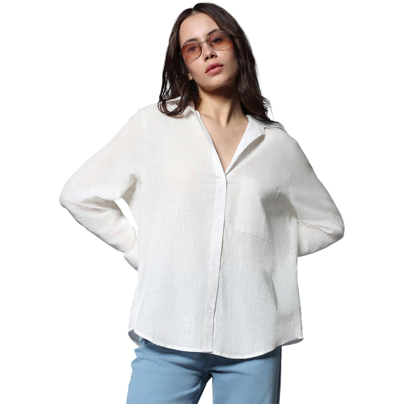 HIGH STAR Women's Oversized Fit Shirt (HSWSHW23509_WH_White