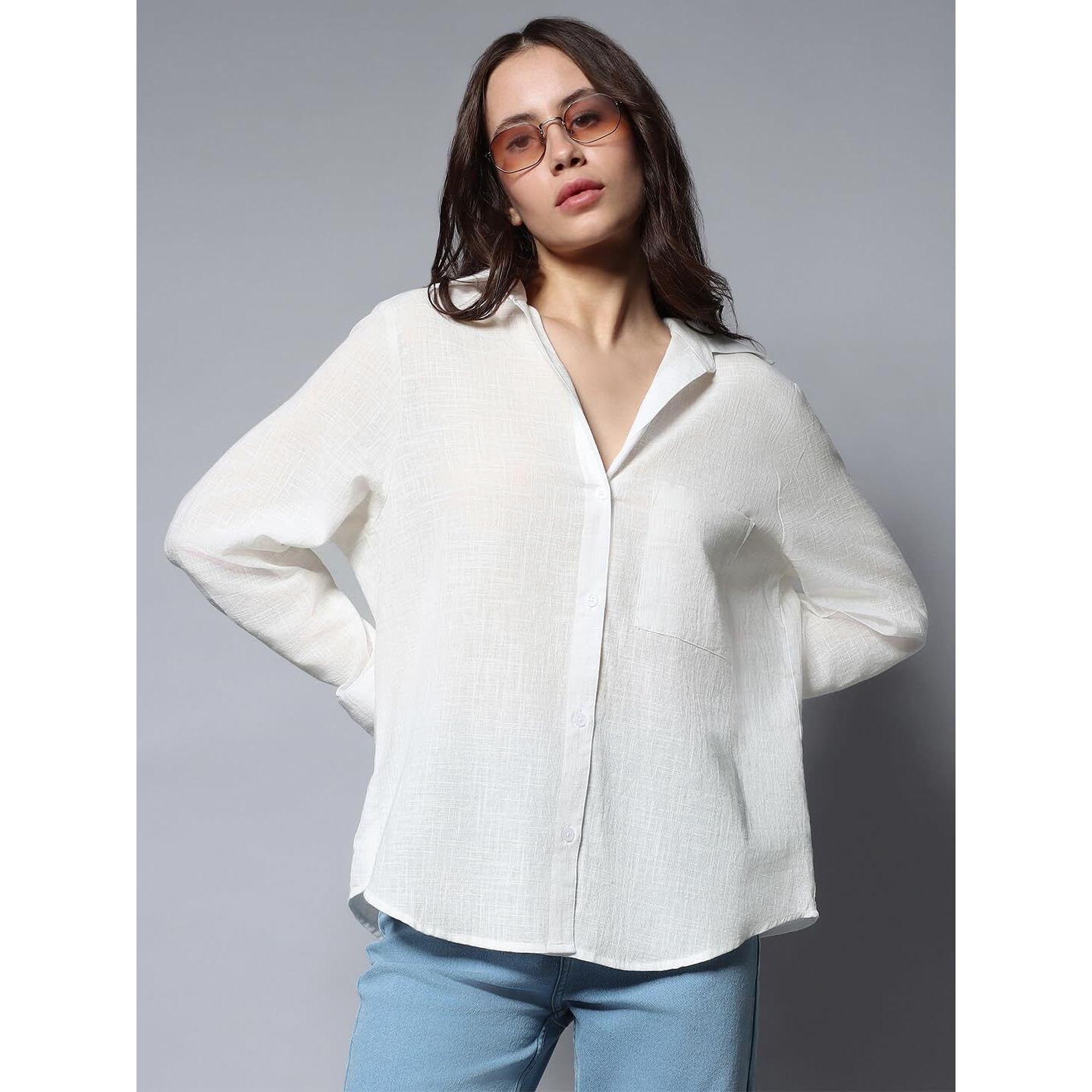 HIGH STAR Women's Oversized Fit Shirt (HSWSHW23509_WH_White