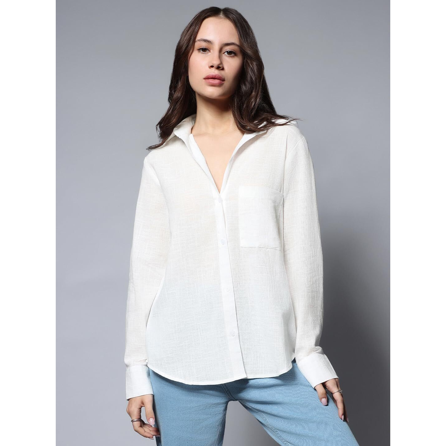 HIGH STAR Women's Oversized Fit Shirt (HSWSHW23509_WH_White
