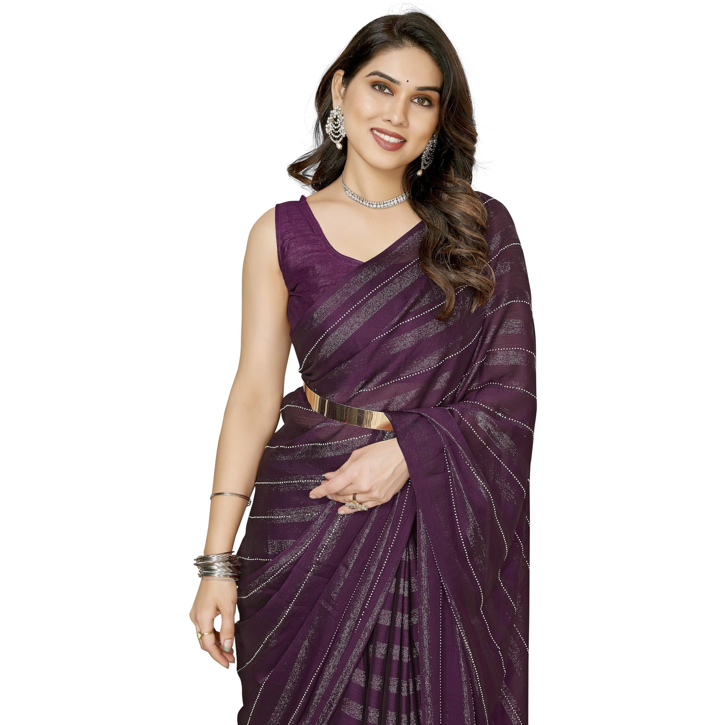 VAIRAGEE Women Soft Rimzim Silk Wine Strped Pattern Ready To Wear Embroidery Saree (2055_1)