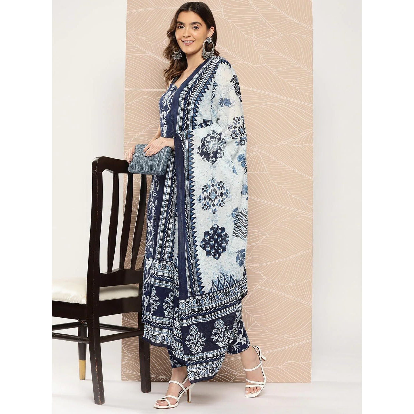 GoSriKi Women's Rayon Blend Straight Printed Kurta with Pant & Dupatta (Ball-Blue-GS_M_Blue_Medium)