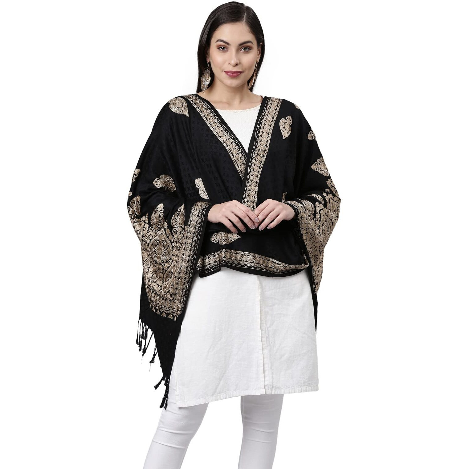 Pashmoda Women Kashmiri Aari Embroidery Stole, Shawl, & Wrap(Size 71X203 CM) (Black)