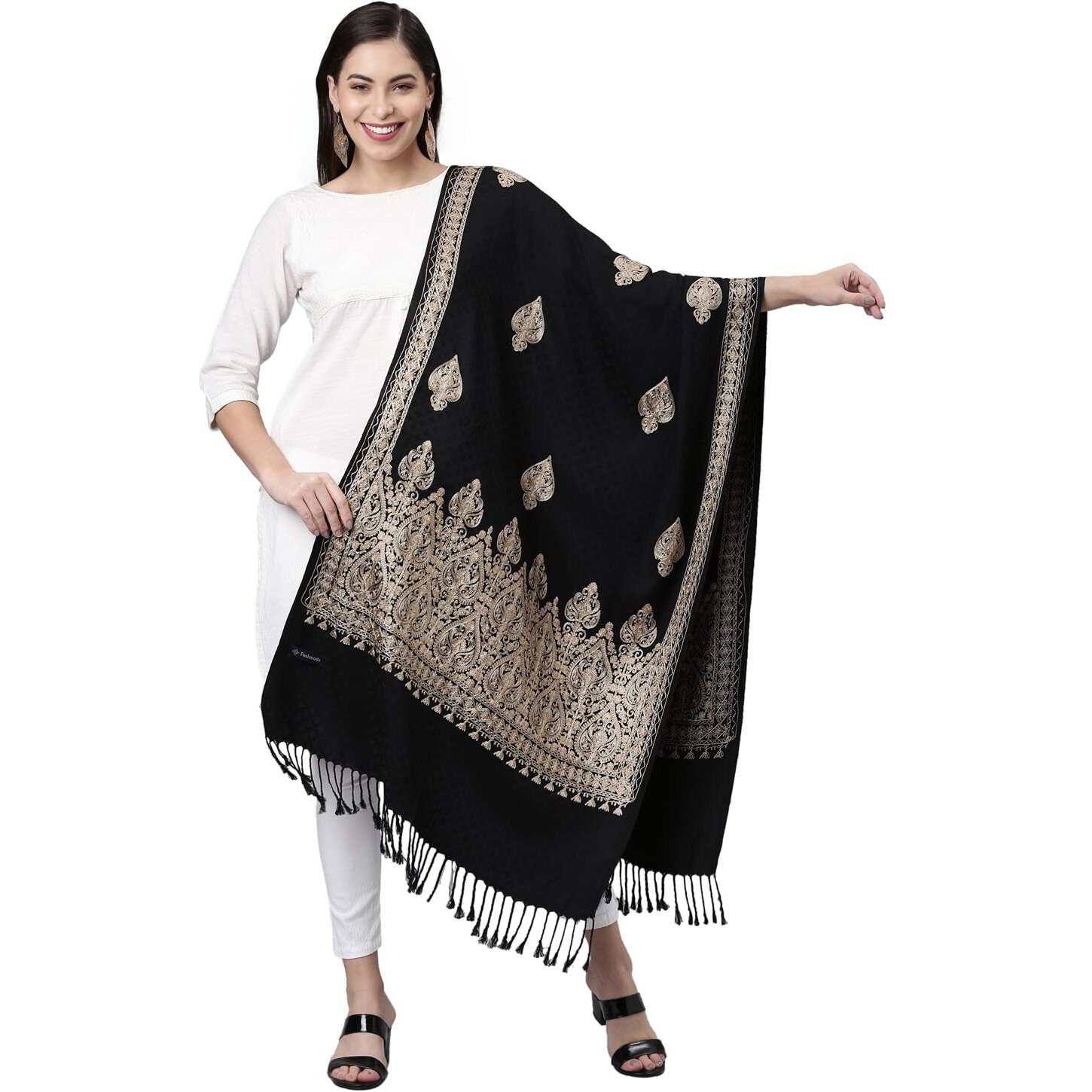 Pashmoda Women Kashmiri Aari Embroidery Stole, Shawl, & Wrap(Size 71X203 CM) (Black)