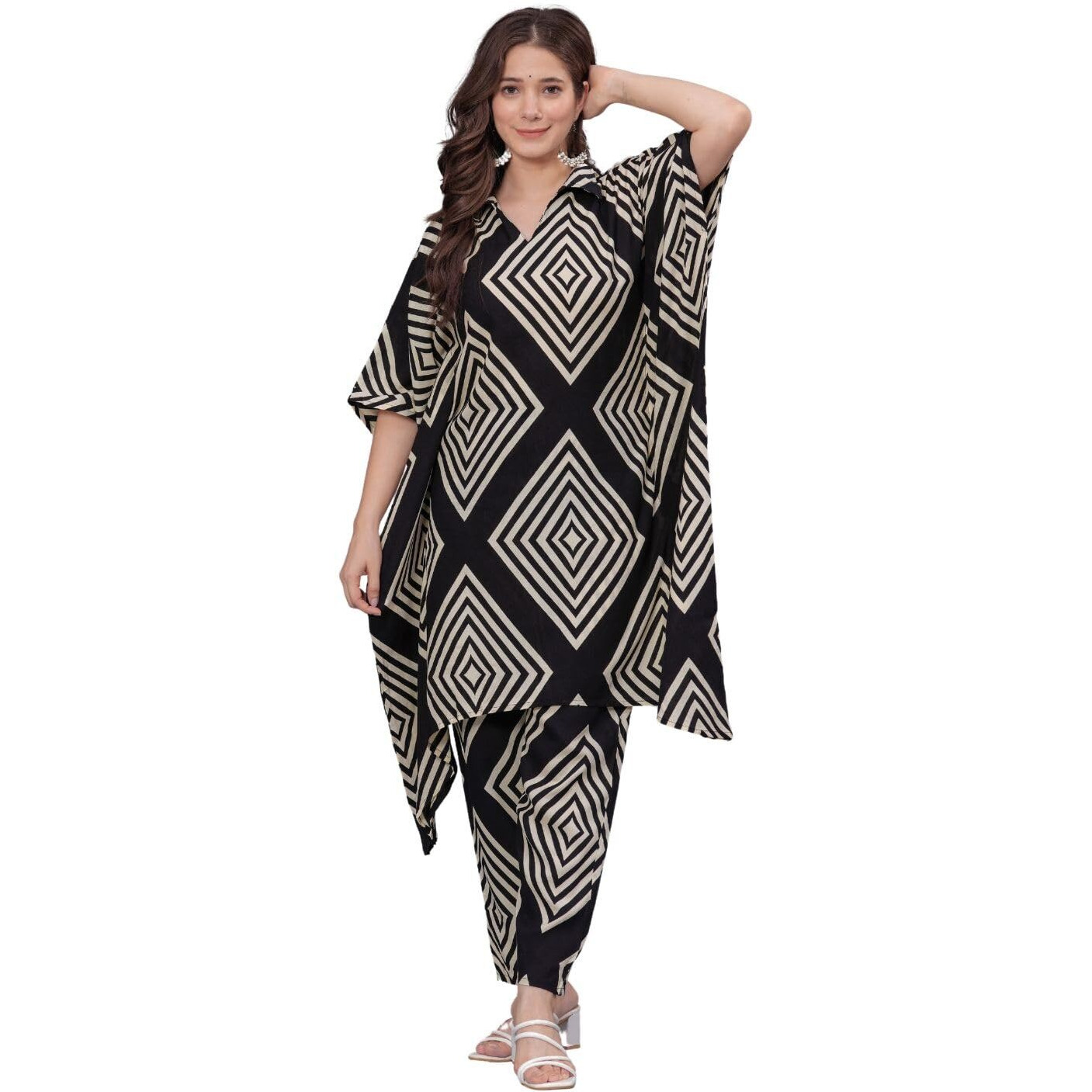 rytras Women's Printed Kaftan Kurta and Pant Set(Black,XL)