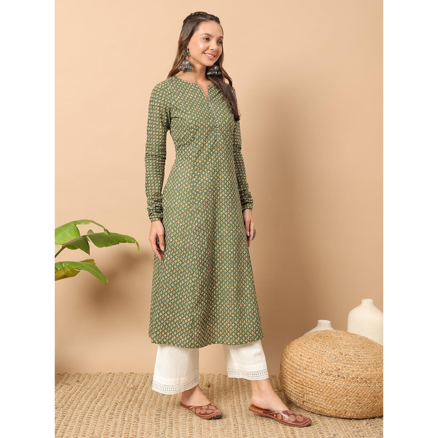 FIORRA Women's Floral Printed Green Cotton A-Line Kurta FAR0112