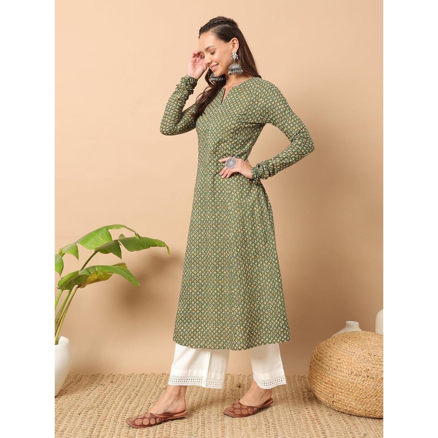 FIORRA Women's Floral Printed Green Cotton A-Line Kurta FAR0112