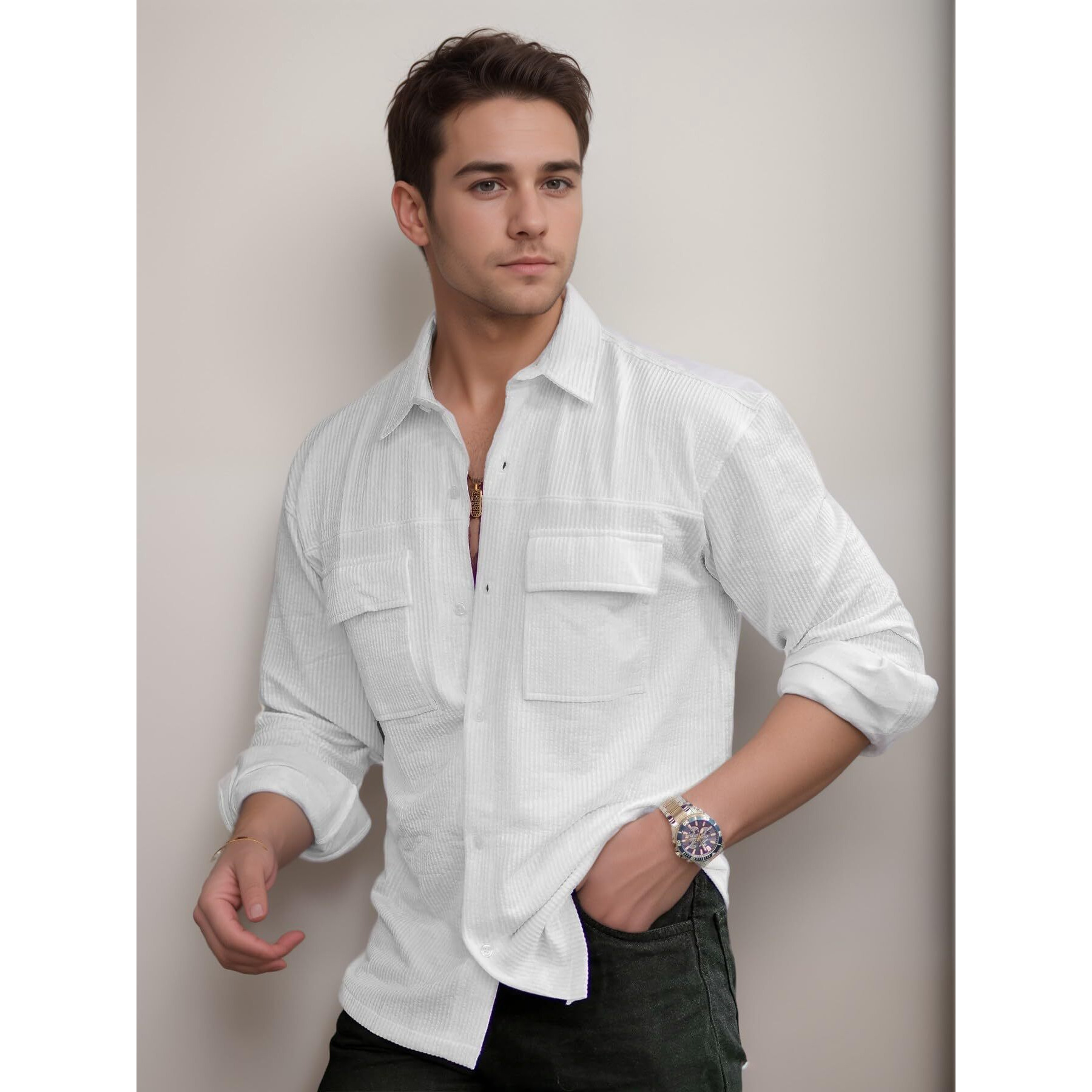 IndoPrimo Men's Regular Fit Fancy Double Pocket Casual Shirt for Men Full Sleeves - Cargo (in, Alpha, L, Regular, White)