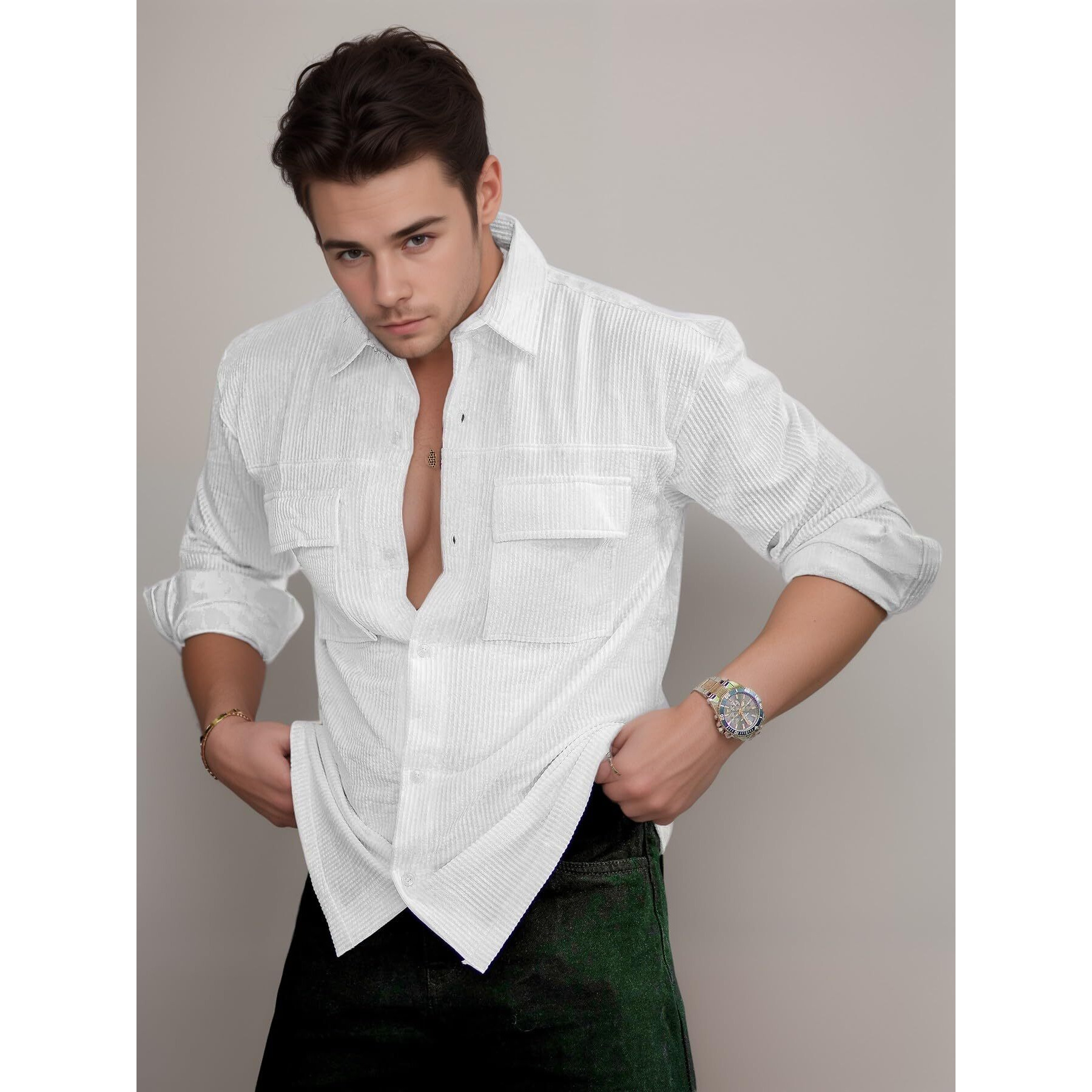 IndoPrimo Men's Regular Fit Fancy Double Pocket Casual Shirt for Men Full Sleeves - Cargo (in, Alpha, L, Regular, White)