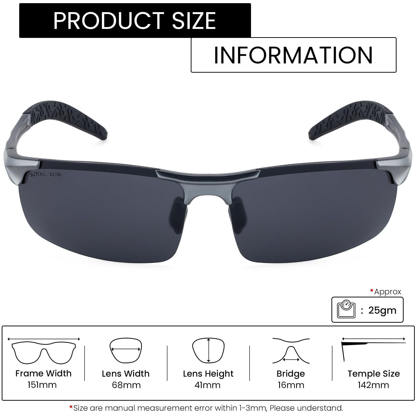 ROYAL SON Men's Rectangular Black Frame Polarization Sunglasses (Black Lens| Large)-Pack Of 1