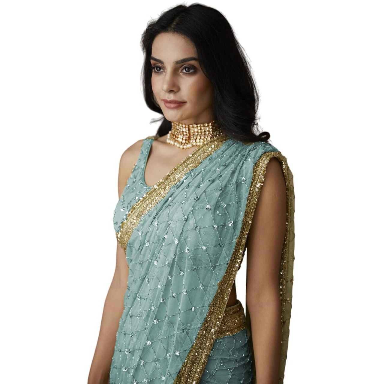 VAIRAGEE Women Soft Net Silk Jari Square Shape Embroidery & Sequence Work Saree With Unstiched Blouse(6097)