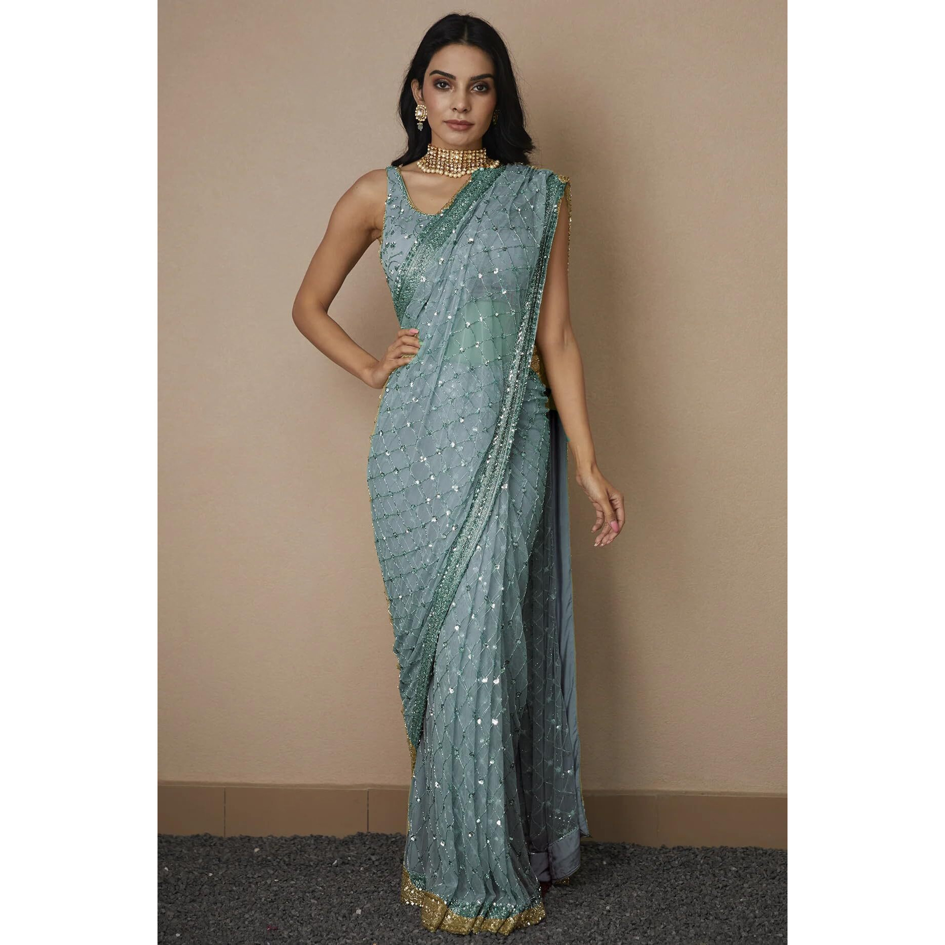 VAIRAGEE Women Soft Net Silk Jari Square Shape Embroidery & Sequence Work Saree With Unstiched Blouse(6097)