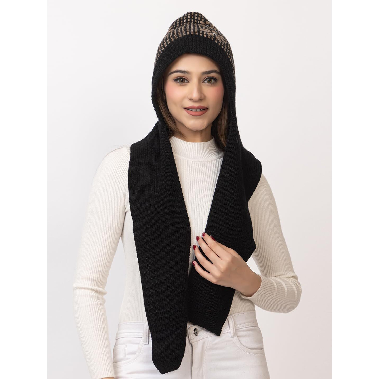 AMOLDO Women's Winter Woolen Soft Warm Knitted Designer Muffler Beanie Cap with Fur | Fleece Printed Woolen Hat with Attached Scarf for Cold Weather (in, Alpha, Free Size, Black)