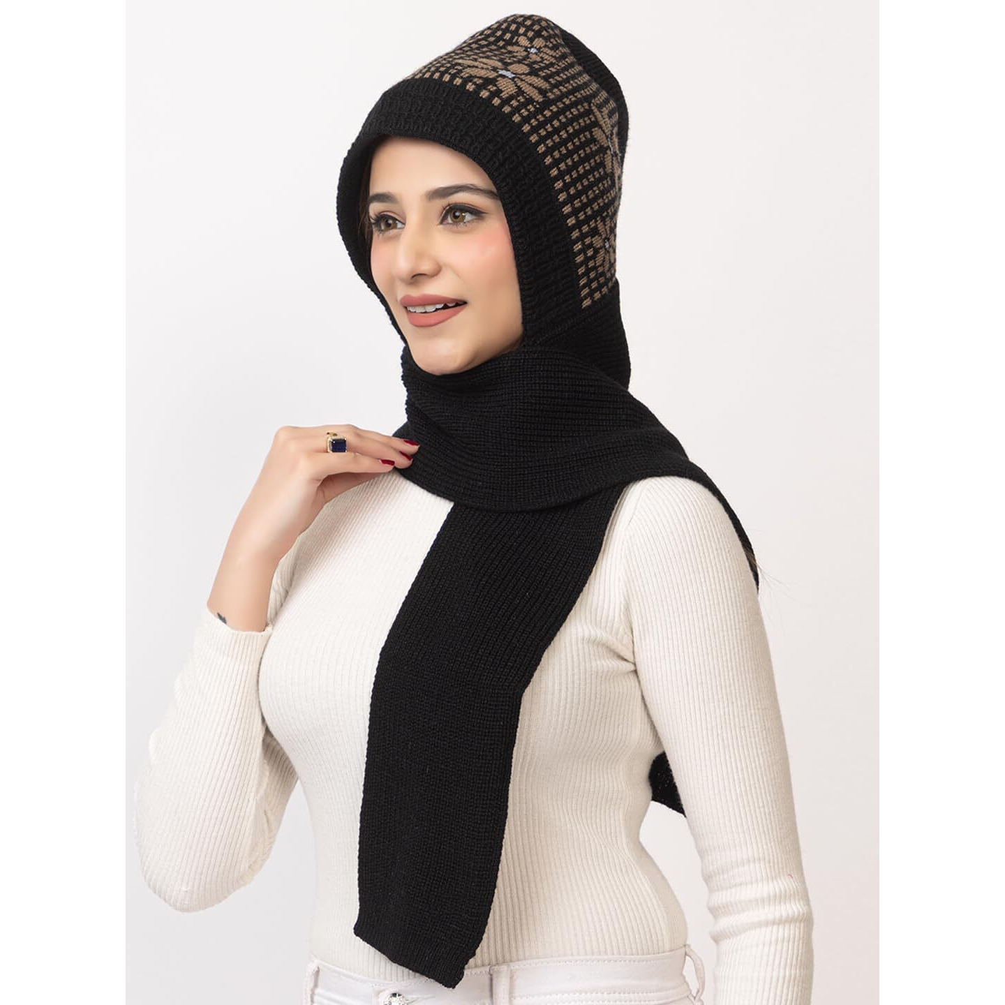 AMOLDO Women's Winter Woolen Soft Warm Knitted Designer Muffler Beanie Cap with Fur | Fleece Printed Woolen Hat with Attached Scarf for Cold Weather (in, Alpha, Free Size, Black)
