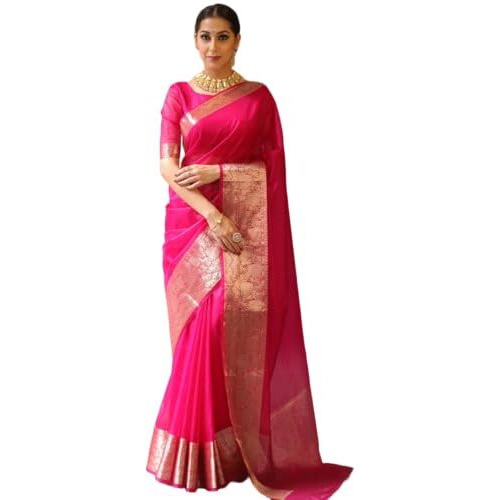 Yashika Women's Plain Organza Saree with Floral Woven Border and Unstitched Blouse Material (AZ-YS-OG1-ORGANZA Pink
