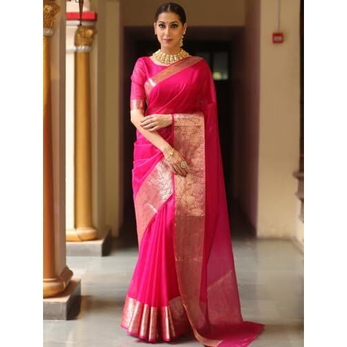Yashika Women's Plain Organza Saree with Floral Woven Border and Unstitched Blouse Material (AZ-YS-OG1-ORGANZA Pink