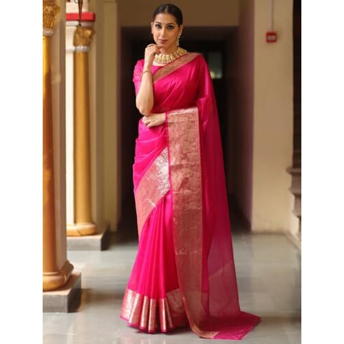 Yashika Women's Plain Organza Saree with Floral Woven Border and Unstitched Blouse Material (AZ-YS-OG1-ORGANZA Pink