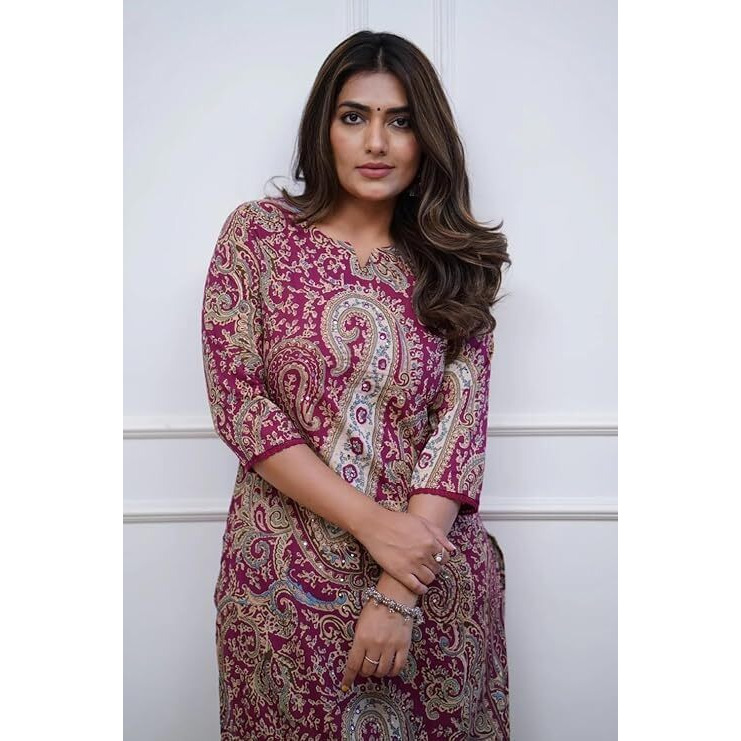 Nermosa Women Viscose Printed Straight Kurta Pant Set (in, Alpha, L, Maroon)