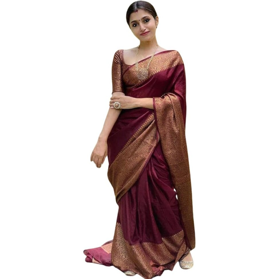 C J Enterprise Women's Pure Soft Kanjivaram Silk Saree for Wedding Kanchipuram Pattu Sarees Banarasi Cotton Latest Sari With Blouse Piece Design Wear ladies new sadi Party 2025 (Yatri-51) (Maroon)