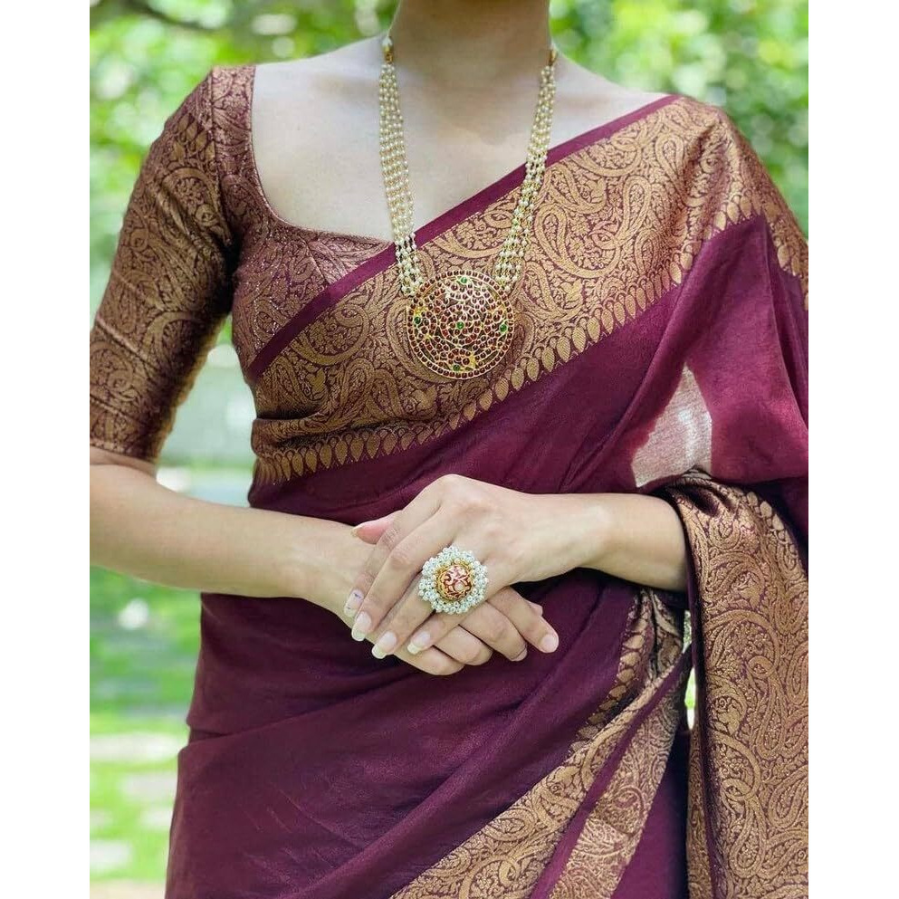 C J Enterprise Women's Pure Soft Kanjivaram Silk Saree for Wedding Kanchipuram Pattu Sarees Banarasi Cotton Latest Sari With Blouse Piece Design Wear ladies new sadi Party 2025 (Yatri-51) (Maroon)
