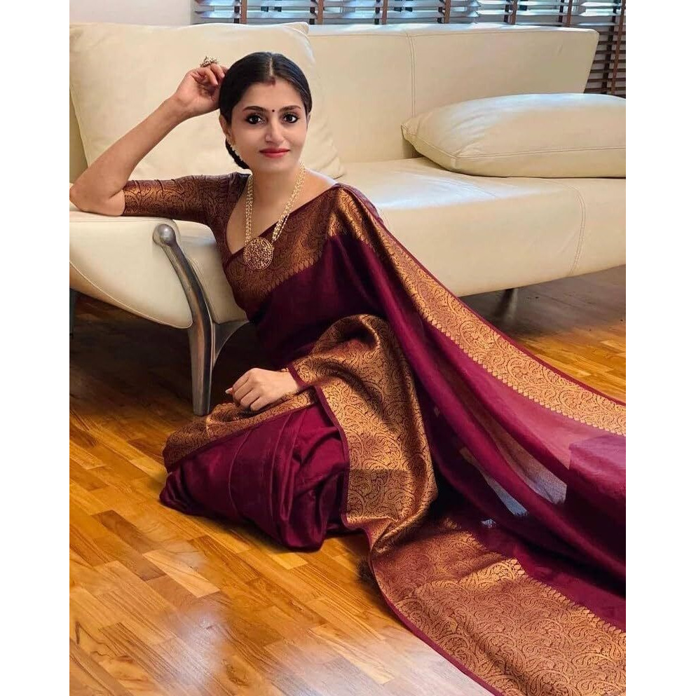C J Enterprise Women's Pure Soft Kanjivaram Silk Saree for Wedding Kanchipuram Pattu Sarees Banarasi Cotton Latest Sari With Blouse Piece Design Wear ladies new sadi Party 2025 (Yatri-51) (Maroon)