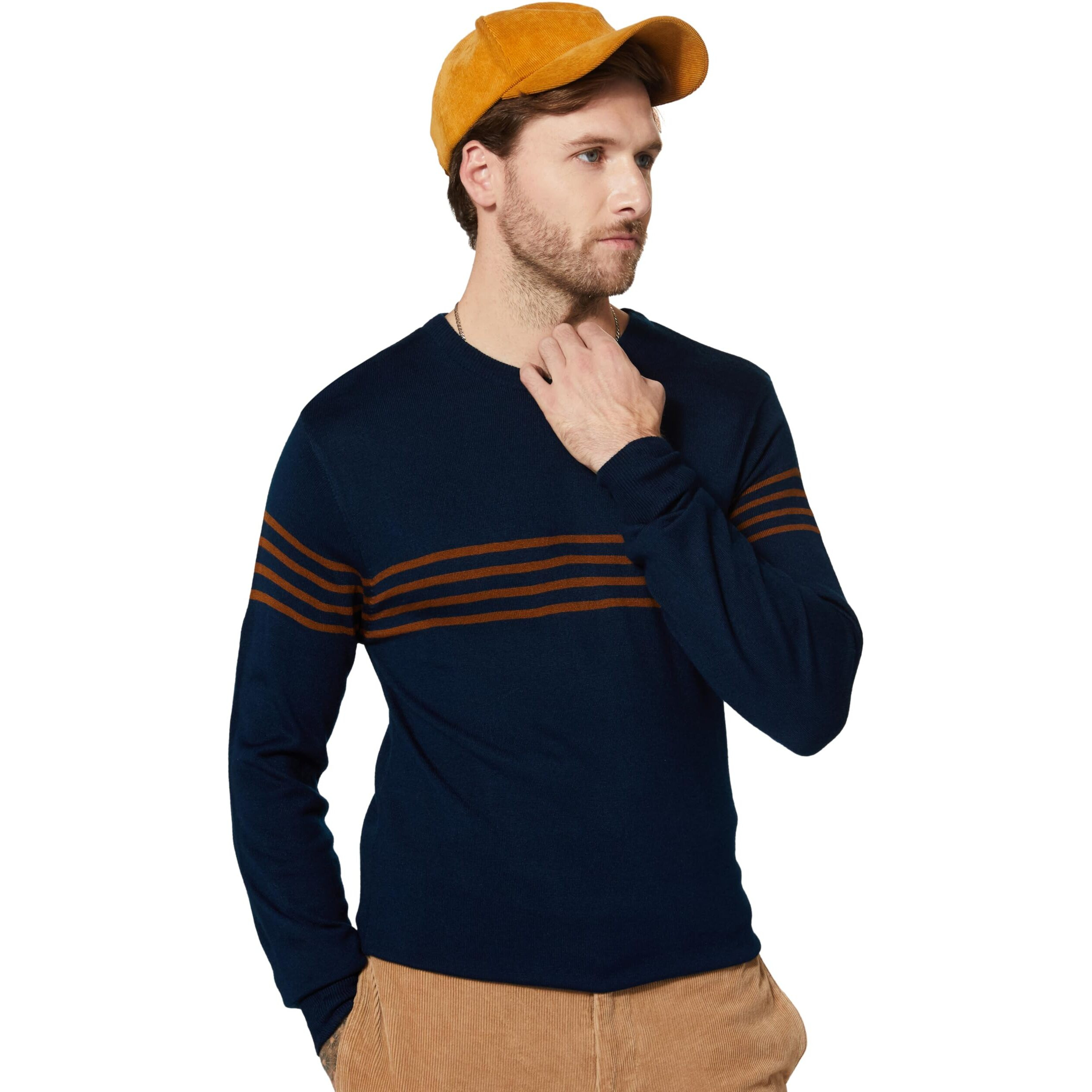 Amazon Brand - Symbol Men's Acrylic Crew Neck Pullover Sweater (SYM-A23-SWT-03_Navy,Brown_L)