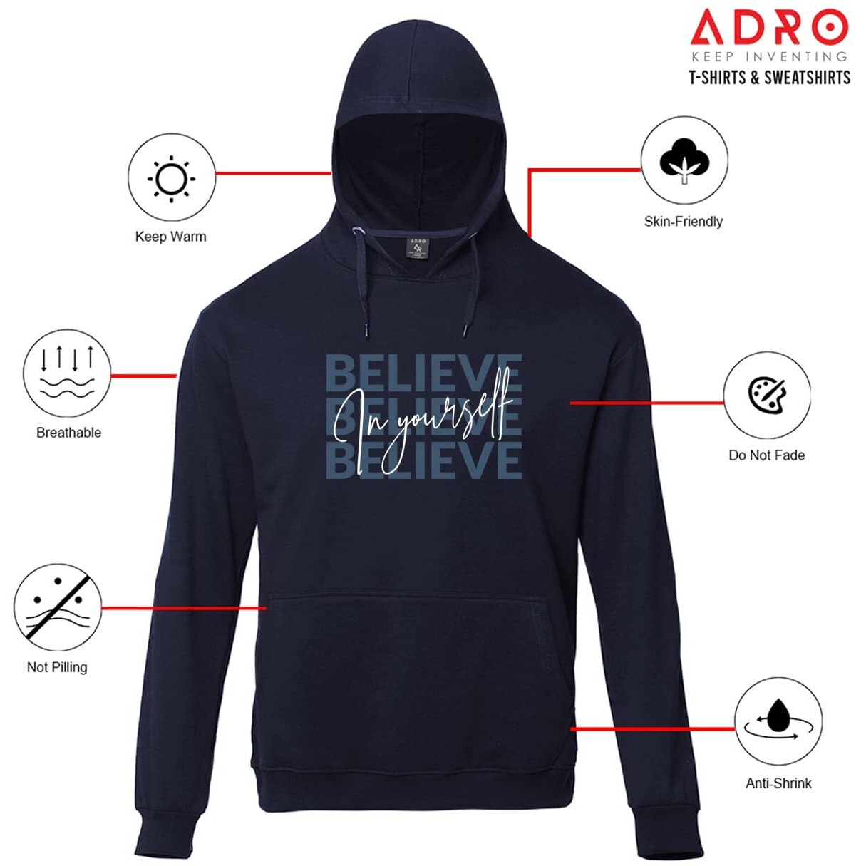 ADRO Men's Cotton Neck Hooded Sweatshirt (H22-M-INV-NB_Navy_XL)