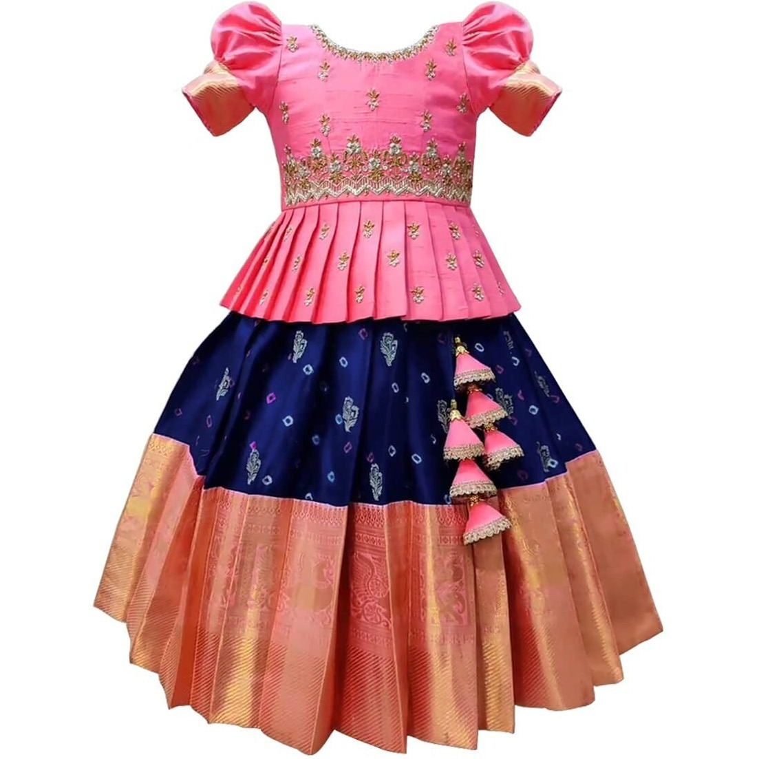 White Button New south Indian traditional pattu pavadai Jecquard Lehenga choli for girls dress (6-7 Years, Light Pink)