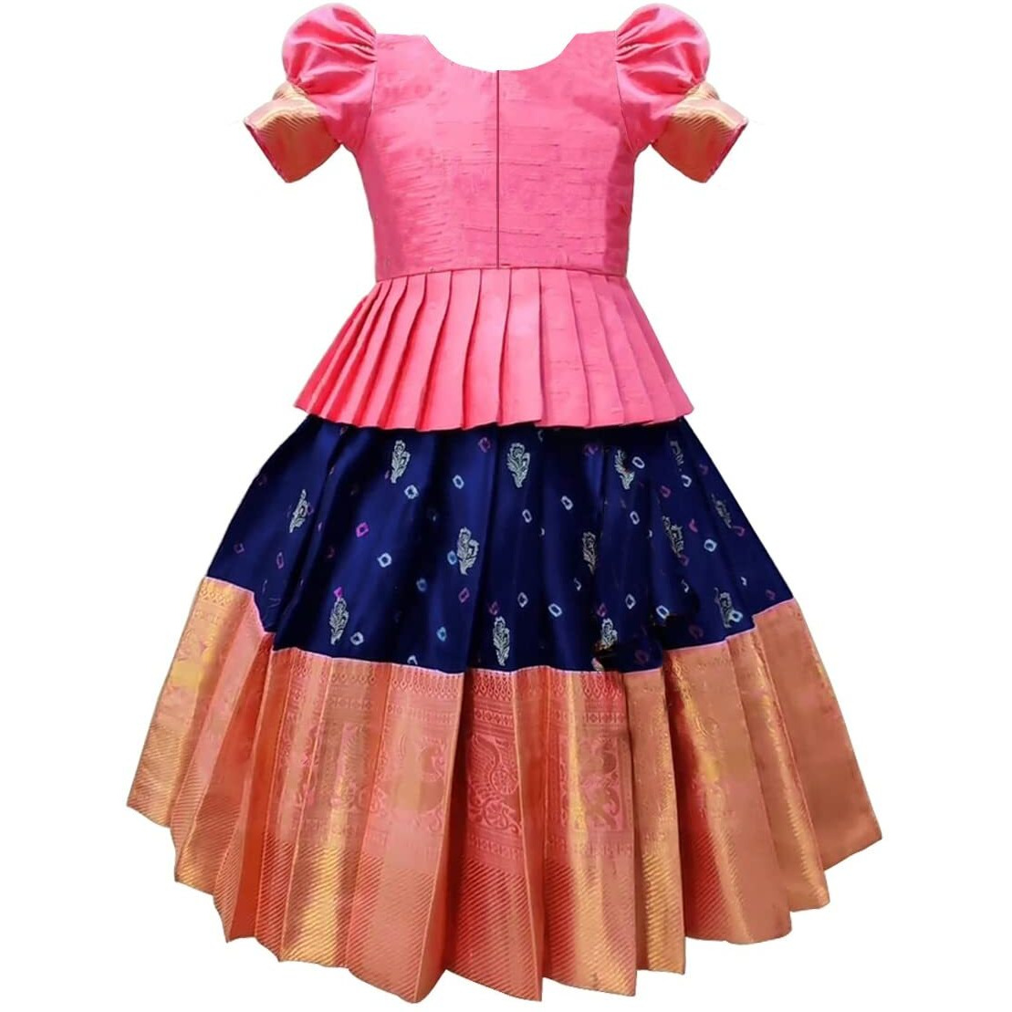 White Button New south Indian traditional pattu pavadai Jecquard Lehenga choli for girls dress (6-7 Years, Light Pink)