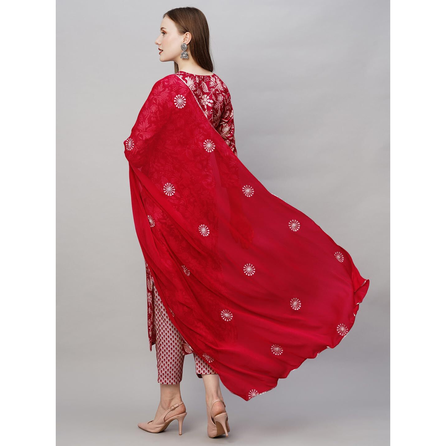 GoSriKi Women's Cotton Blend Straight Printed Kurta with Pant & Dupatta (MEI Red-GS_S_Red_Small)