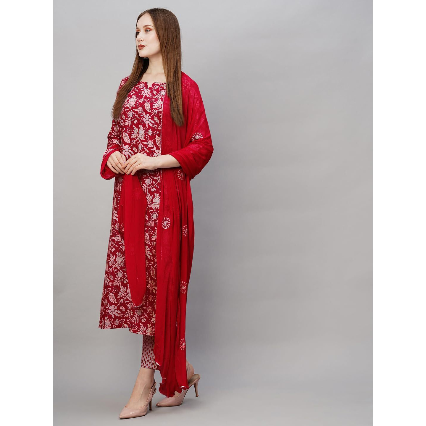 GoSriKi Women's Cotton Blend Straight Printed Kurta with Pant & Dupatta (MEI Red-GS_S_Red_Small)