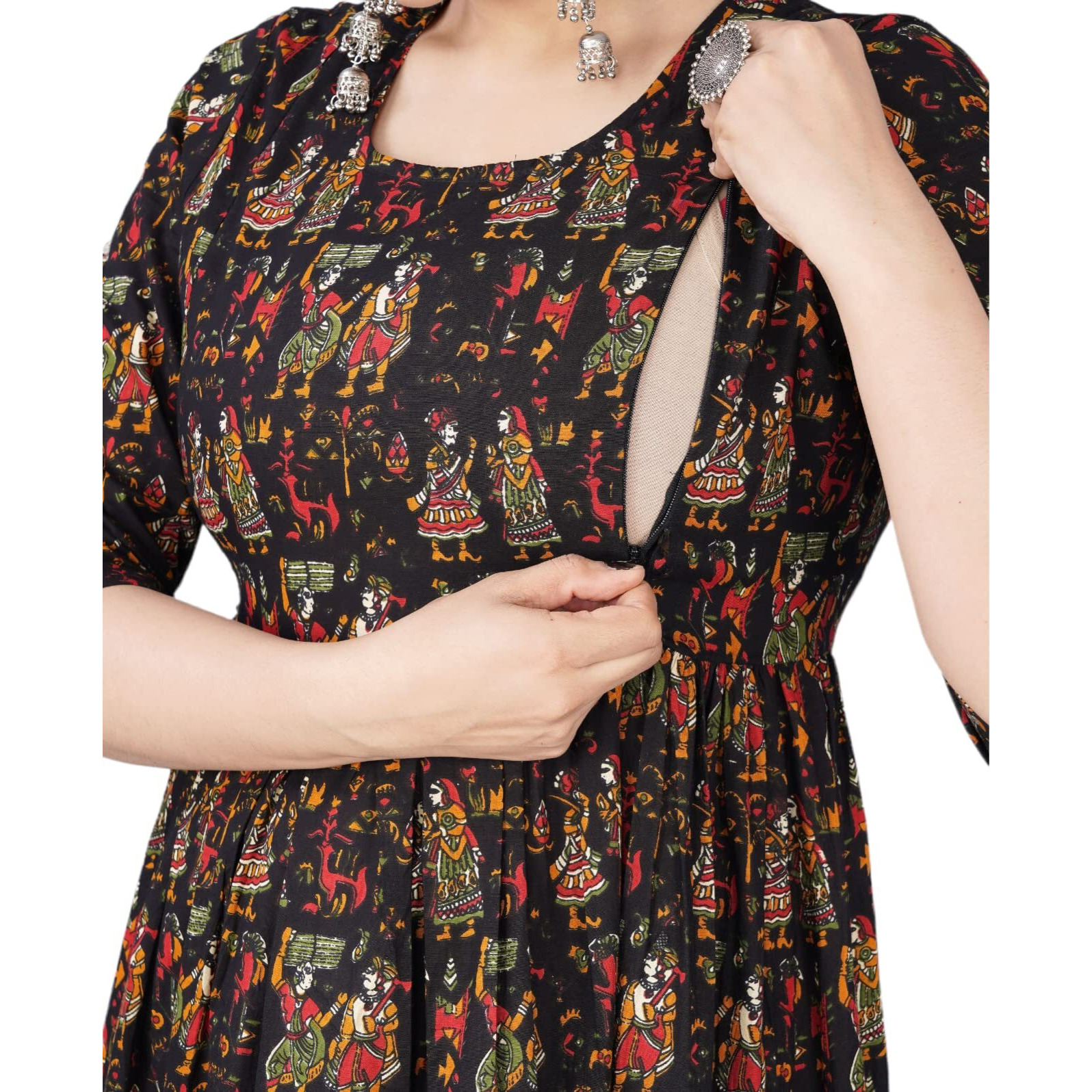 Jikonet Women's Maternity Kurti for Feeding Zippers (246) (Large, Black)
