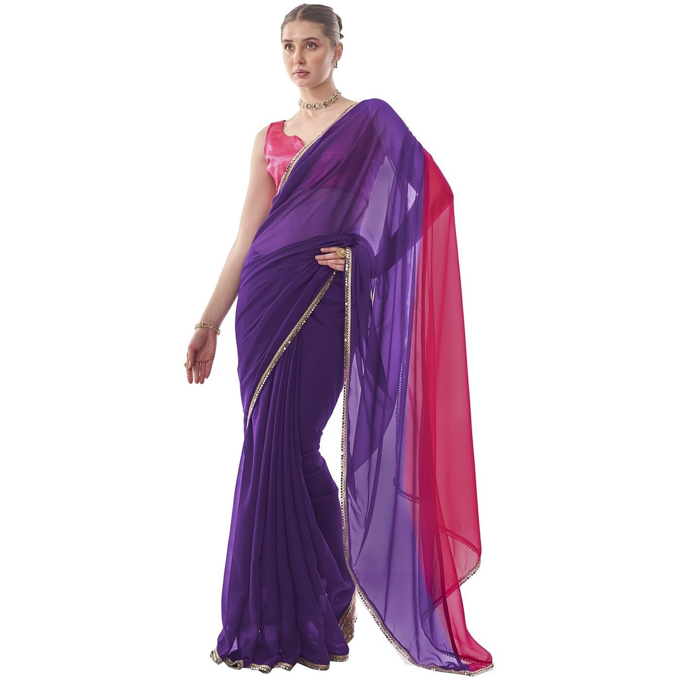 ORHANS Women's Georgette Latkan With Lace Work Two Color Saree With Art Silk Unstitched Blouse Piece