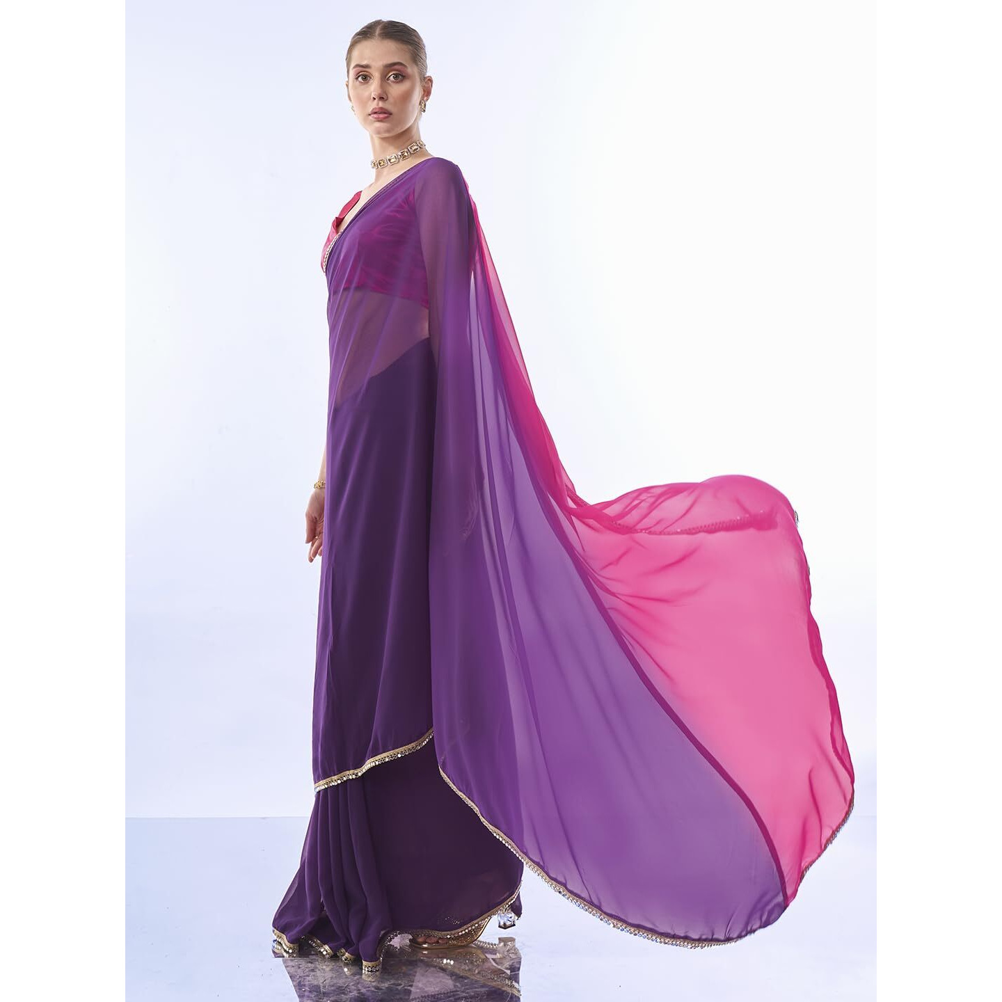 ORHANS Women's Georgette Latkan With Lace Work Two Color Saree With Art Silk Unstitched Blouse Piece