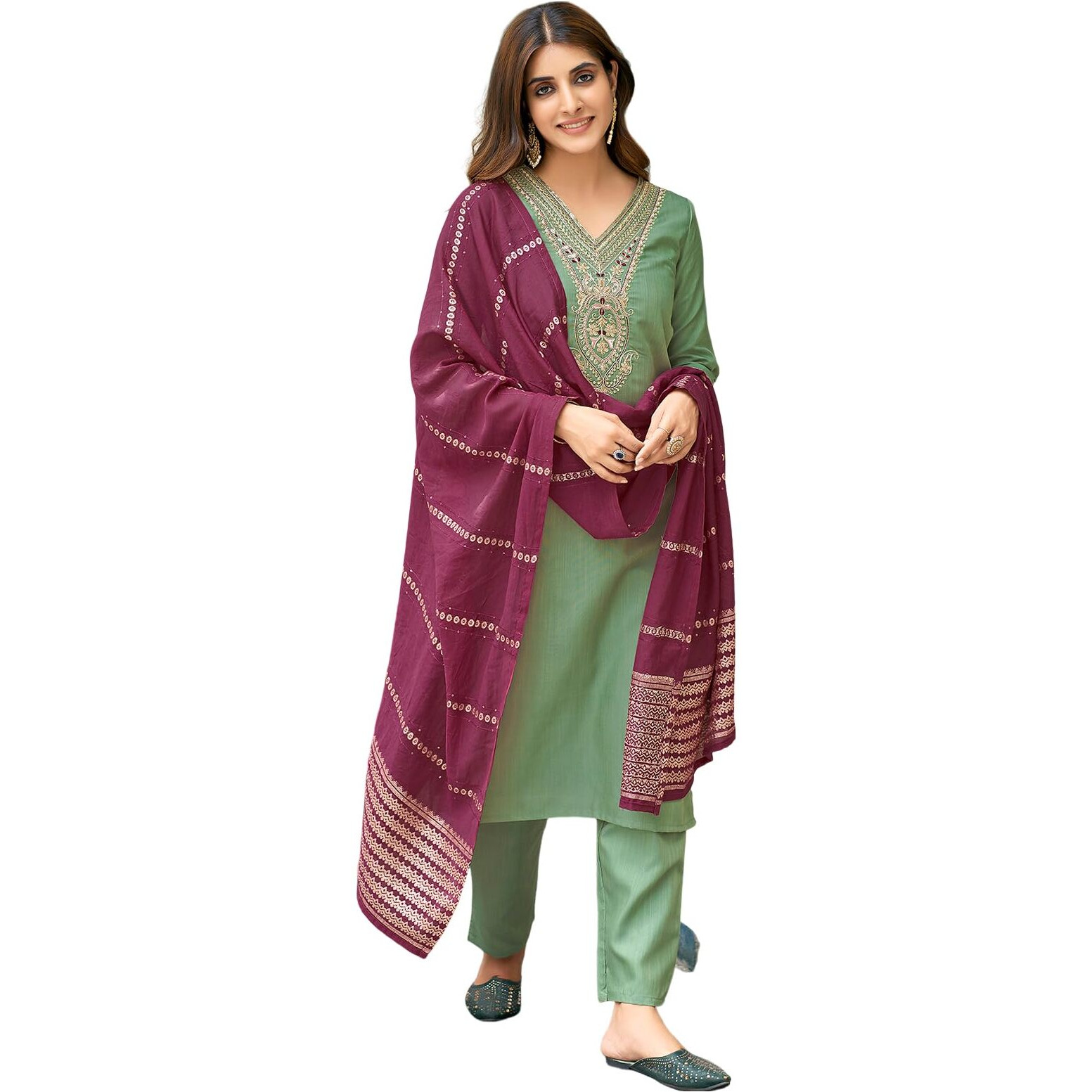 Sanisa Women's Cotton Blend Sequence Embroidery Work Straight Kurta with Pant and Dupatta Set| Ethnic Set | Suit Set | Kurta Set(166KBD1783N-L_Pista Green)