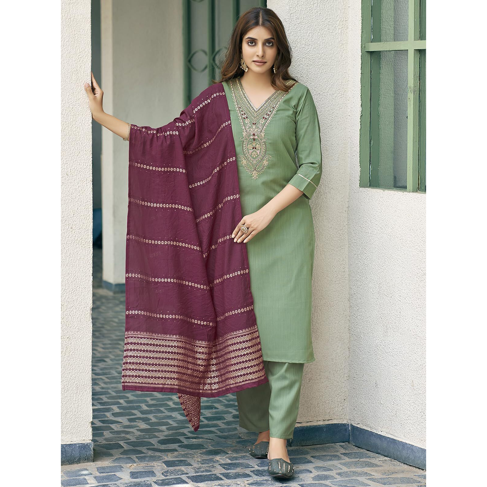 Sanisa Women's Cotton Blend Sequence Embroidery Work Straight Kurta with Pant and Dupatta Set| Ethnic Set | Suit Set | Kurta Set(166KBD1783N-L_Pista Green)
