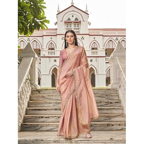 Womanista Women's Solid Embellished Lace Saree With Un-stitched blouse