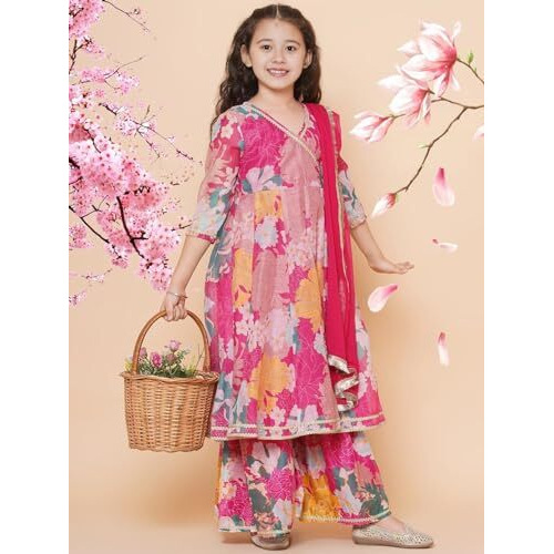 Naixa Girls Rayon Fabric Floral Printed 3/4 Sleeve Pink Sharara Dress Set, 11-12 Years
