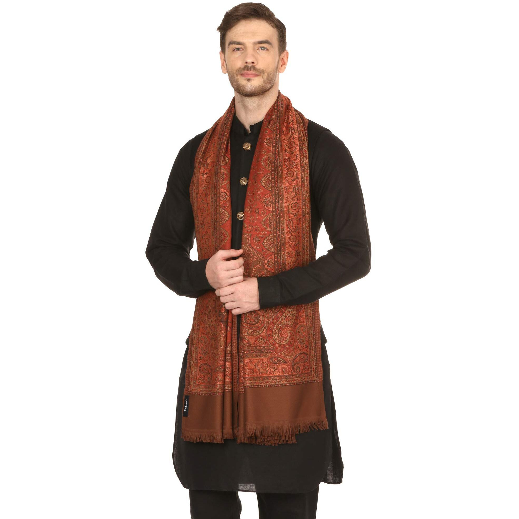 Pashtush Mens fine wool blended Stole, Jamawar design, Faux Pashmina Coffee
