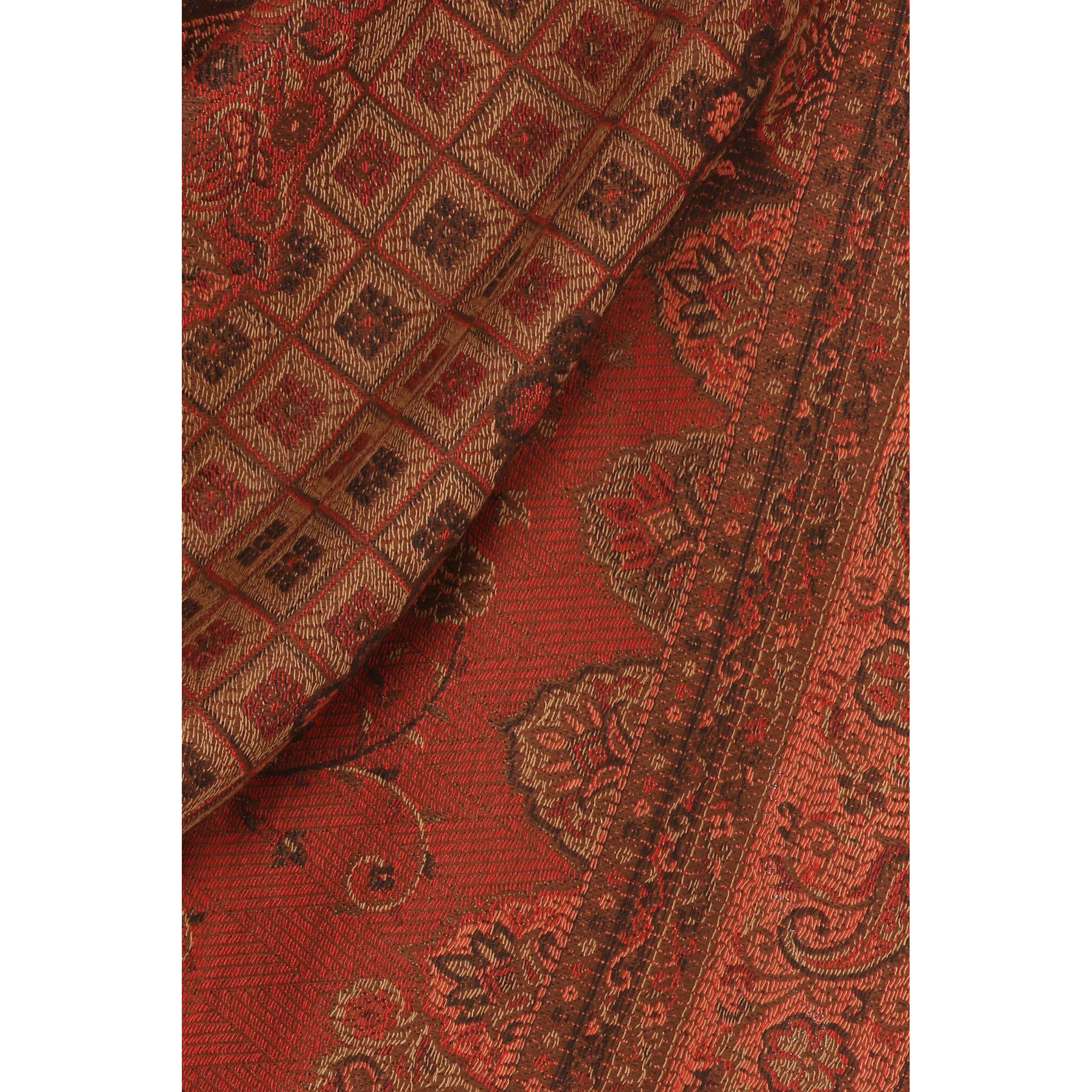 Pashtush Mens fine wool blended Stole, Jamawar design, Faux Pashmina Coffee
