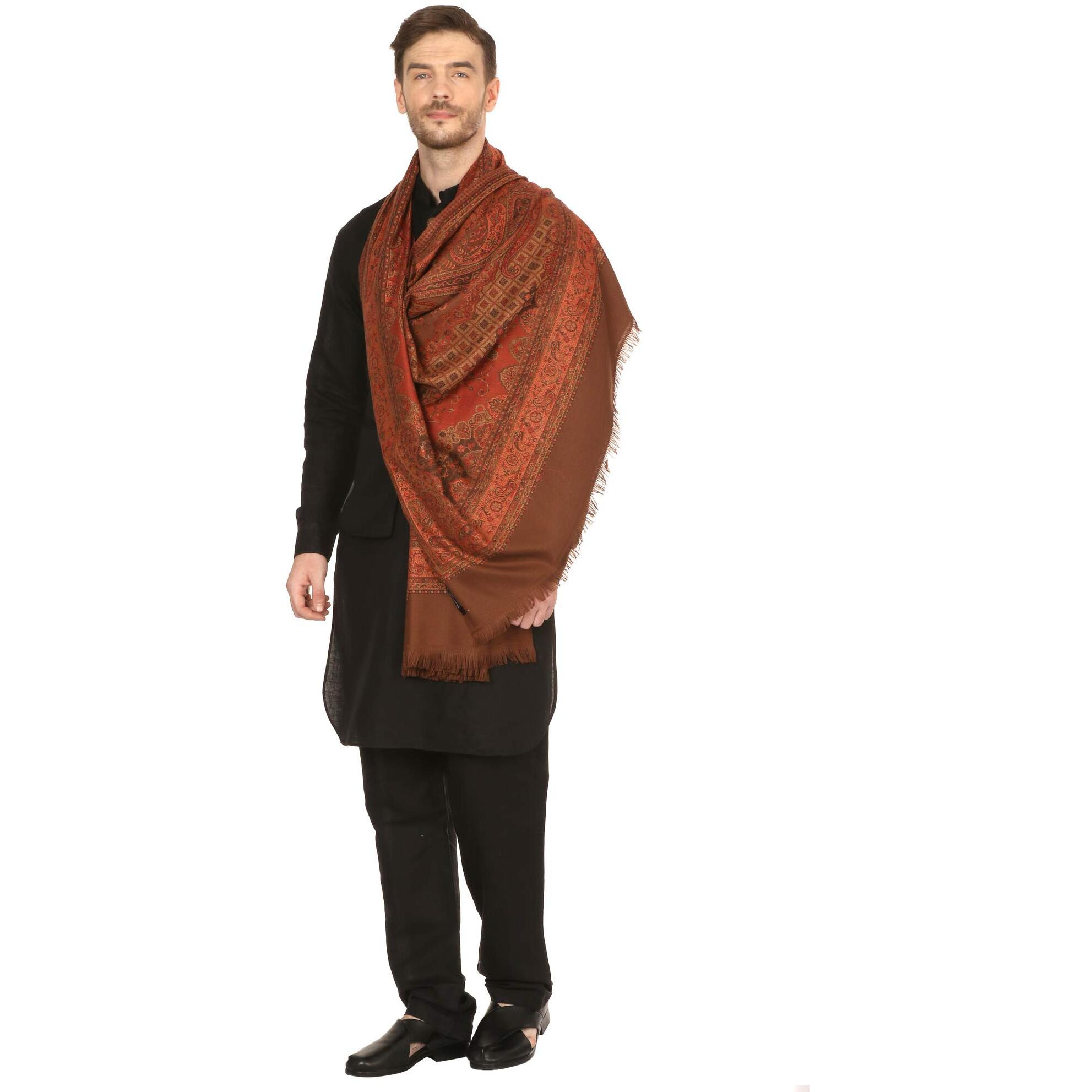 Pashtush Mens fine wool blended Stole, Jamawar design, Faux Pashmina Coffee