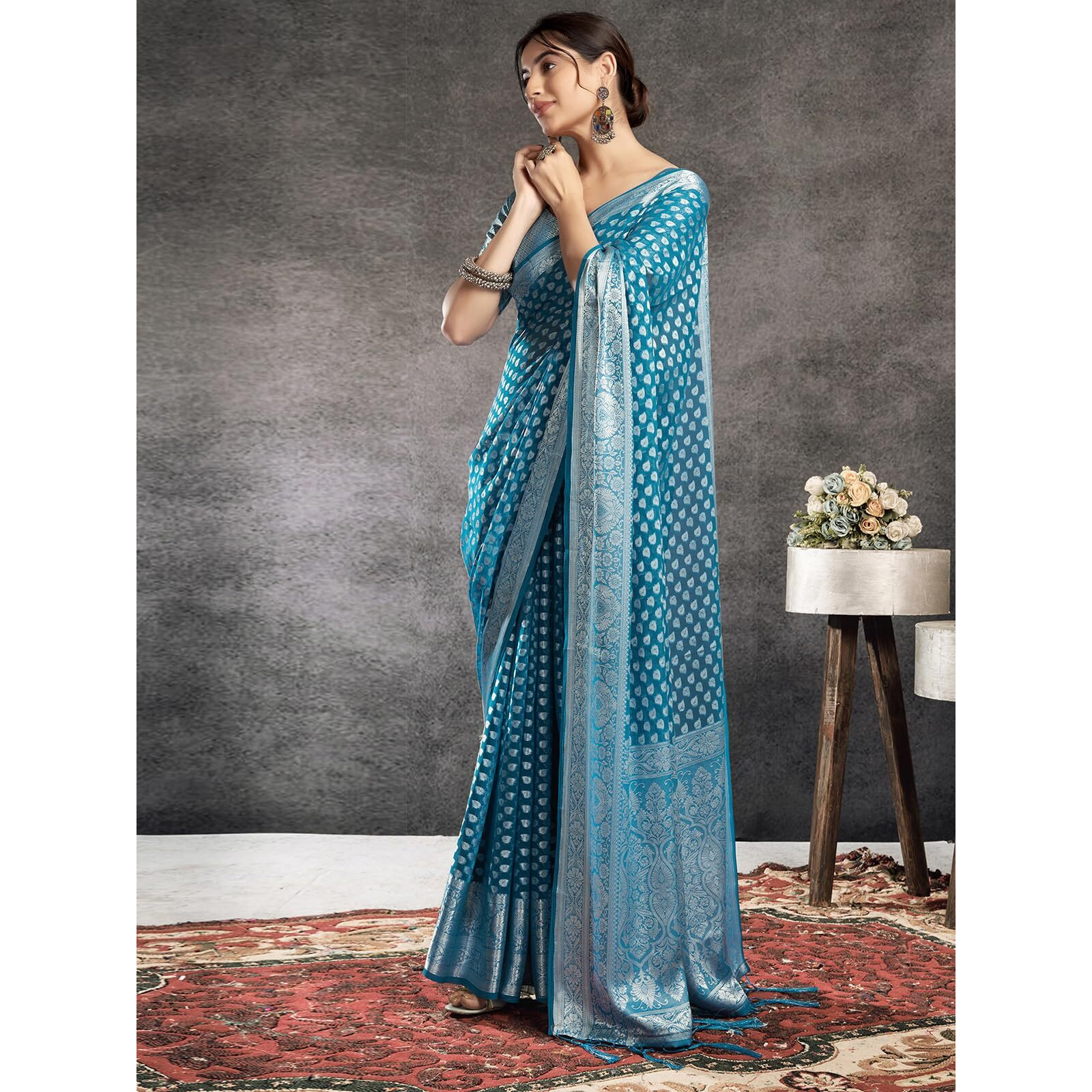 Satrani Women's Georgette Banarasi Jacquard Saree with Unstitched Blouse Piece (3813S6112N_Teal Blue & Silver4)