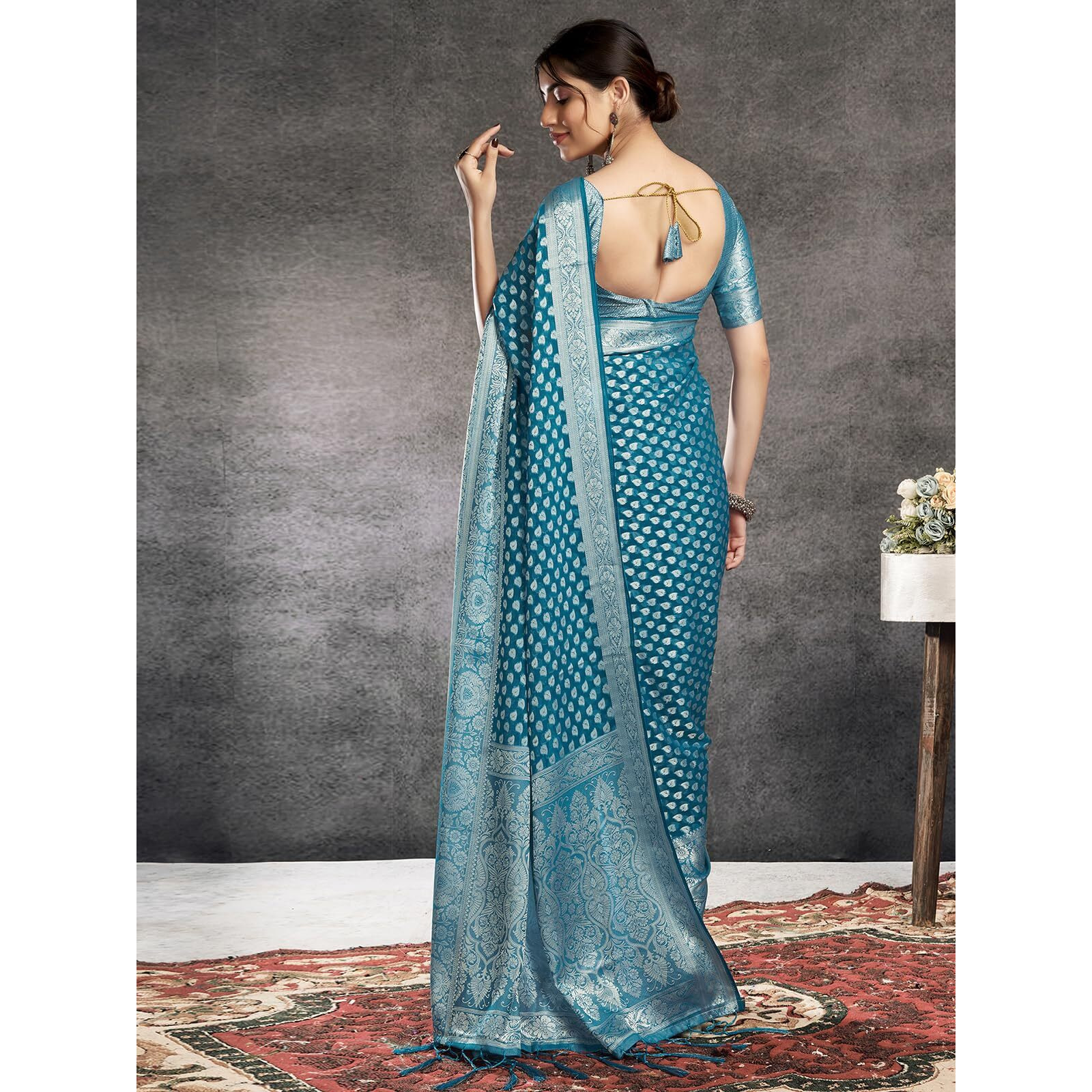 Satrani Women's Georgette Banarasi Jacquard Saree with Unstitched Blouse Piece (3813S6112N_Teal Blue & Silver4)
