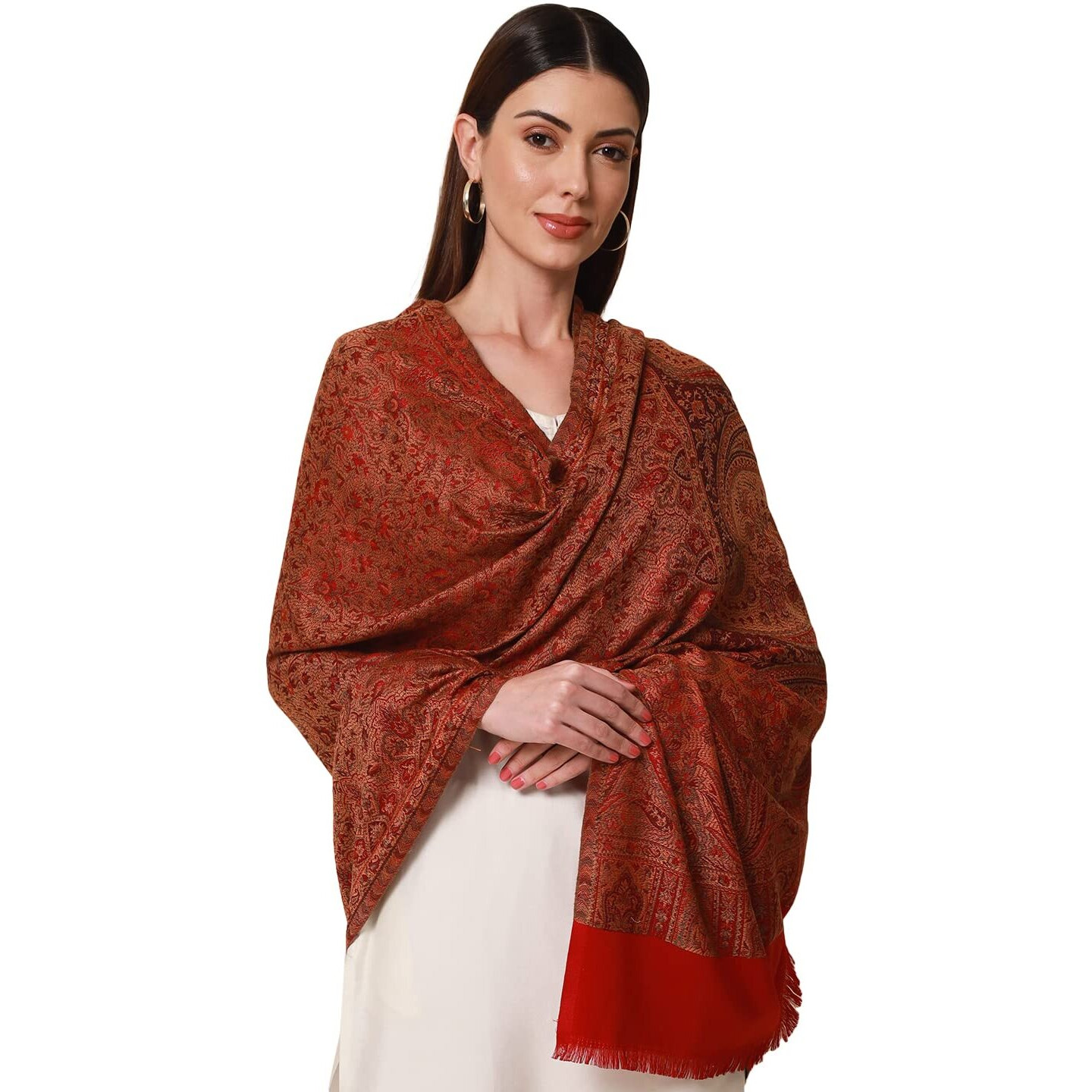 Pashmoda- Women's Faux Pashmina Jamawar Shawl, Wrap (SIZE 40X80 Inches) (Red)