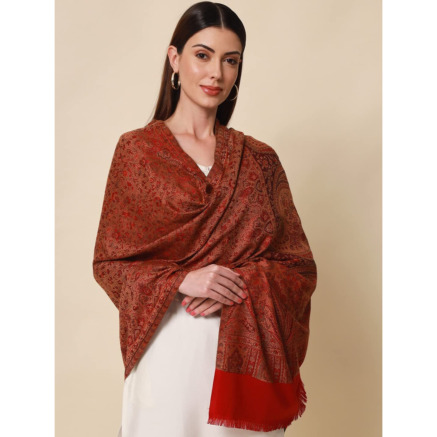 Pashmoda- Women's Faux Pashmina Jamawar Shawl, Wrap (SIZE 40X80 Inches) (Red)