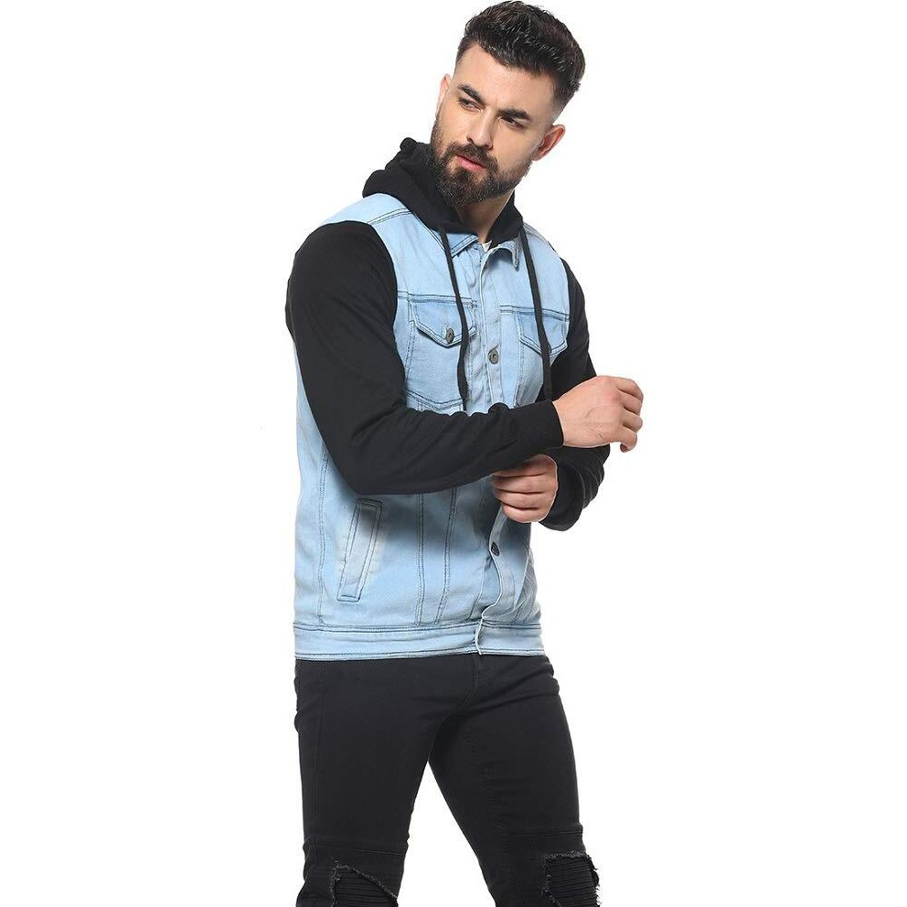 Campus Sutra Men's Cotton Blue & Black Colour-Blocked Denim Jacket with Hoodie | Structured Jacket with Comfort Fit, Regular Full Sleeves and Stretchable Fabric for Casual Wear