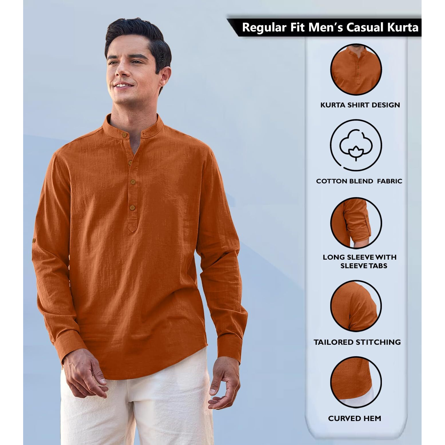 Zombom Cotton Blend Solid Casual Regular Fit Mandarin/Chinese Collor Short Kurta for Men Brown