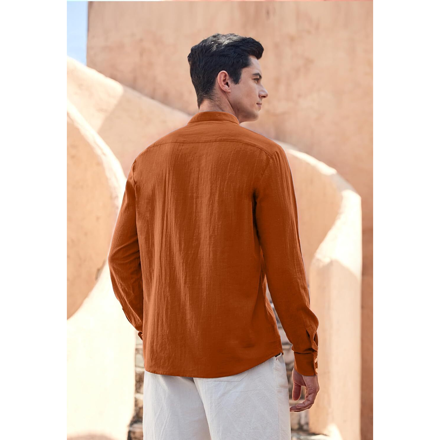 Zombom Cotton Blend Solid Casual Regular Fit Mandarin/Chinese Collor Short Kurta for Men Brown