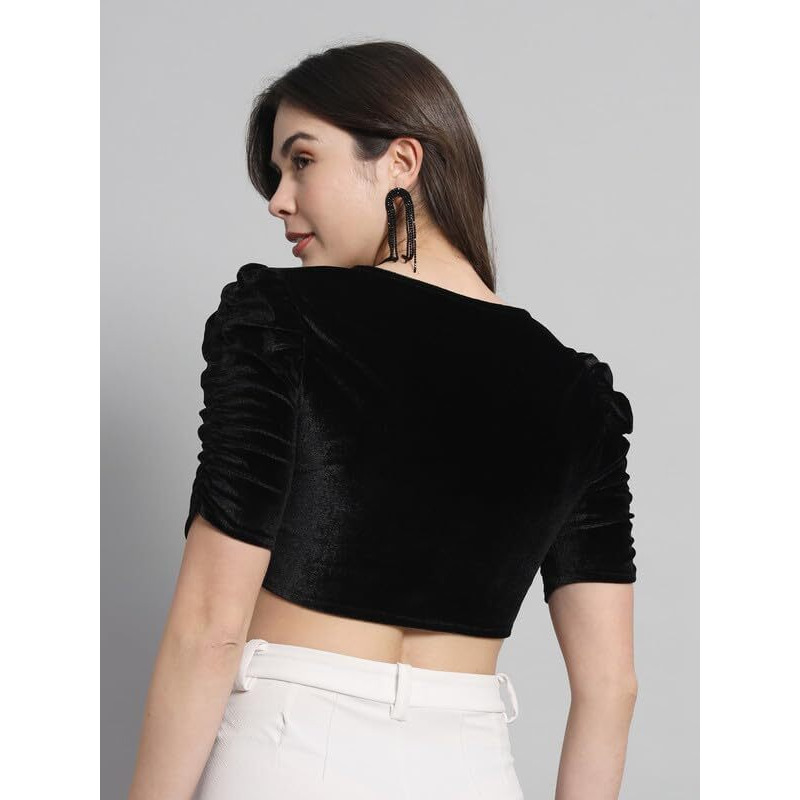 Vaararo Velvet Blouse Tops for Women | Party Puff Sleeves Readymade Outfit Black Medium