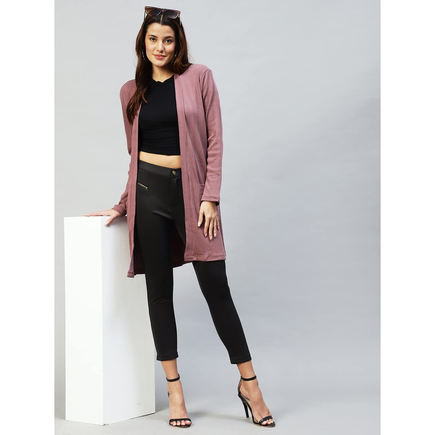 Rigo Front Open Long Rib Shrug (Free Size, Purple)