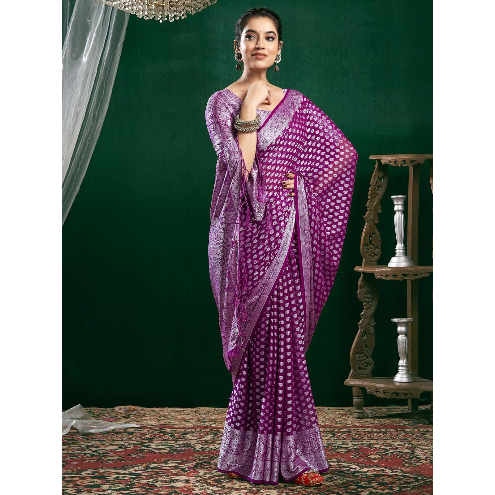 Satrani Women's Georgette Banarasi Jacquard Saree with Unstitched Blouse Piece (3813S6111N_Dark Magenta & Silver)